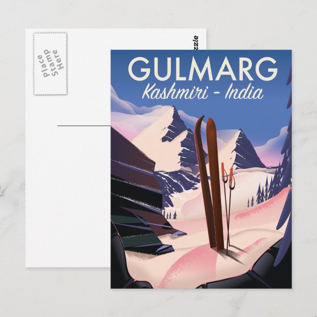 Gulmarg Kashmiri Indien skidposter Vykort (Fram/baksida)