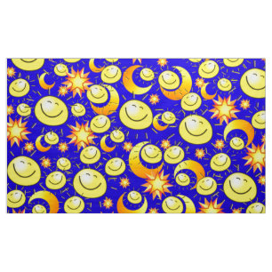 GulOrange Stars Sol Måne Blue Fabric Tyg
