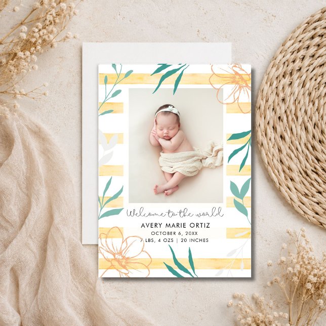 Gulrandig Blommig Foto Födelseannons (Yellow Stripe Floral Photo Birth Announcement)