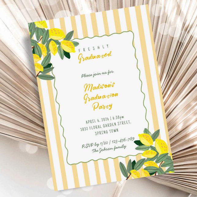 Gulrandig Lemon Examen Inbjudan (Yellow Stripe Lemon Graduation Party Invitation)