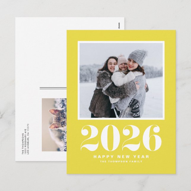 Gult 2025 nyårfoto med fetstil helg vykort (Fram/baksida)