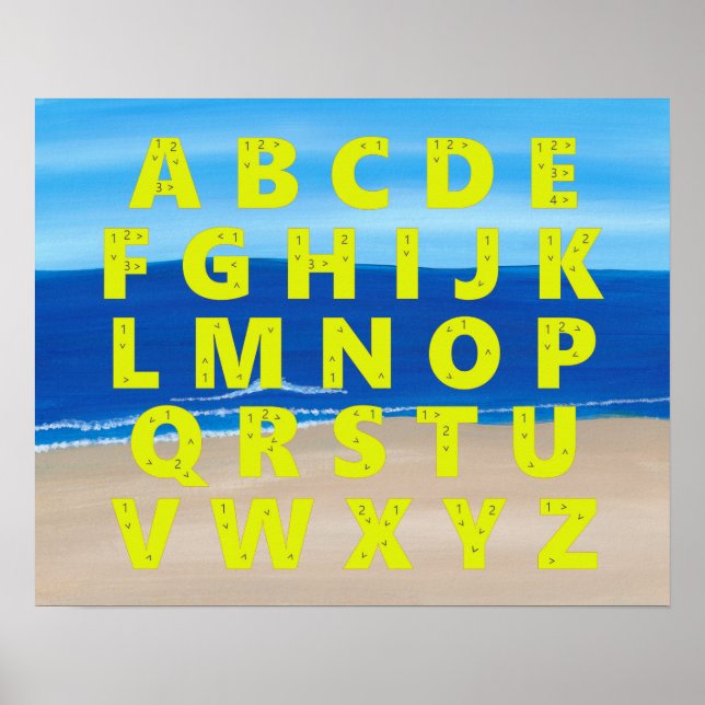 Gult Alphabet Chart Sand Beach Ocean Himlar Poster (Framsidan)