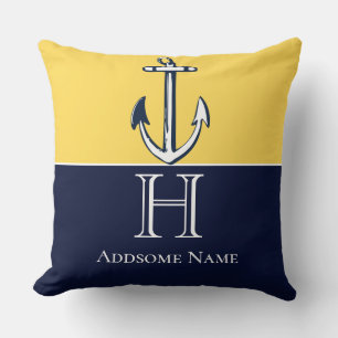 Gult Anchor Monogram för marinblå mustard Kudde