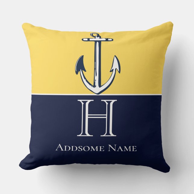 Gult Anchor Monogram för marinblå mustard Kudde (Framsida)