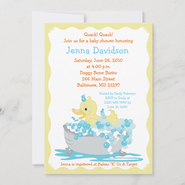 Gult Anka i Tub Baby Shower-inbjudan Inbjudningar (Framsida)