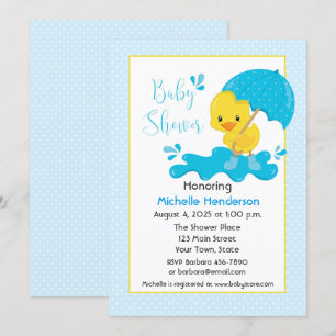 Gult Anka, Paraply, Blue Polka dots Baby Shower Inbjudningar