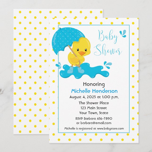 Gult Anka, Paraply och Polka dots Baby Shower Inbjudningar (Fram/baksida)