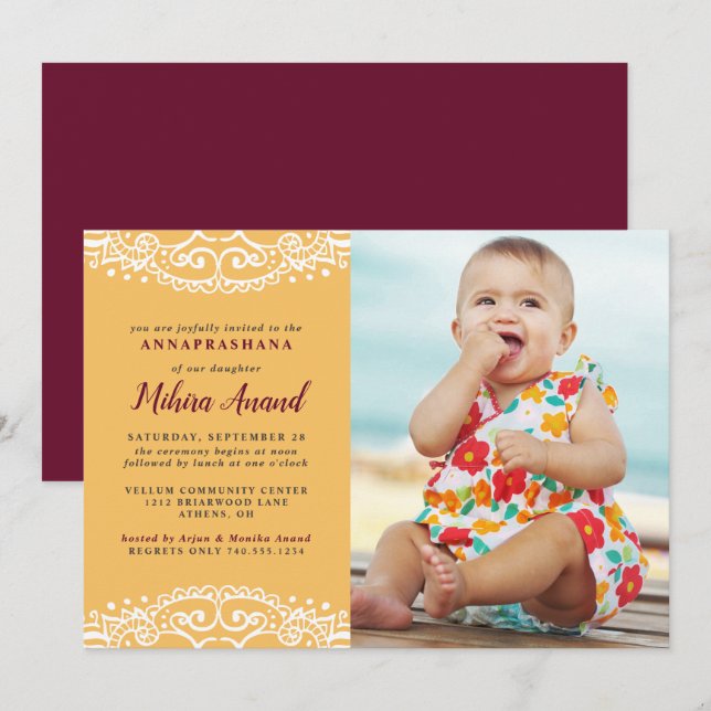 Gult Annaprashana First Ris Ceremony Inbjudningar (Fram/baksida)