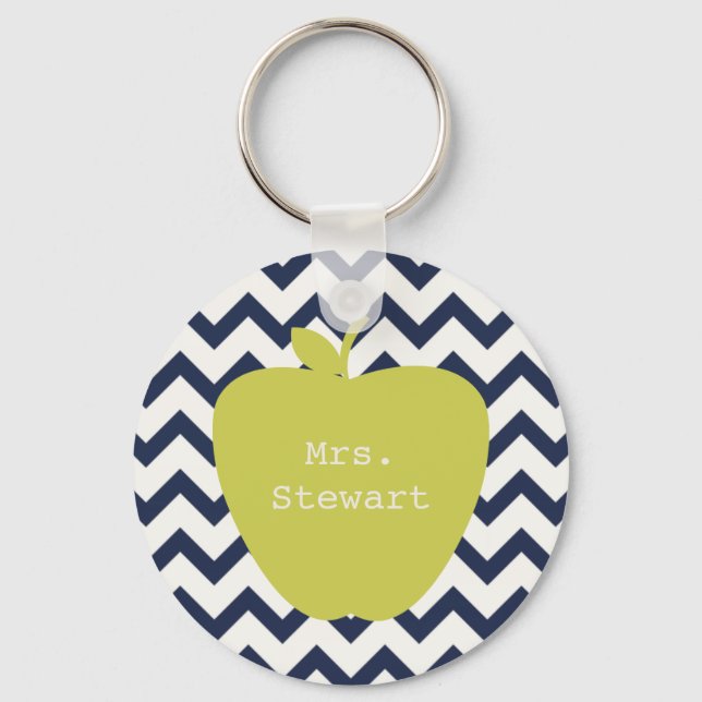 Gult Apple & Navy Chevron Teacher Nyckelring (Framsida)