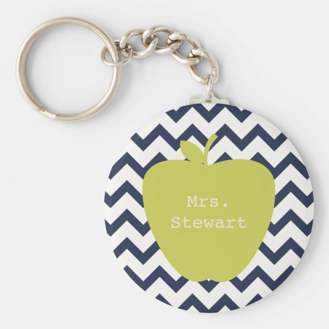 Gult Apple & Navy Chevron Teacher Nyckelring (Framsidan)