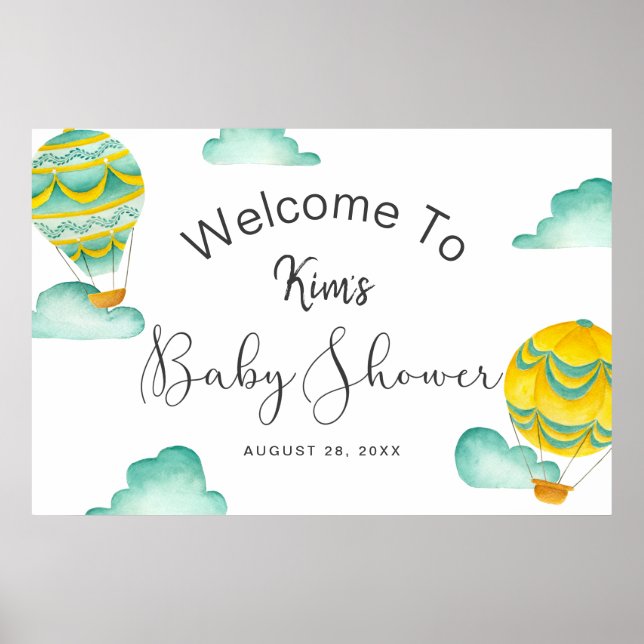 Gult Aqua Luftballongs Baby Shower Välkommen Poster (Framsidan)