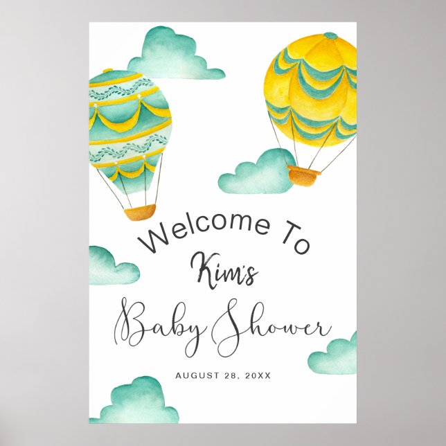 Gult Aqua Luftballongs Baby Shower Välkommen Poster (Framsidan)