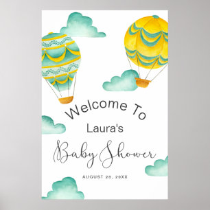 Gult Aqua Luftballongs Baby Shower Välkommen Poster