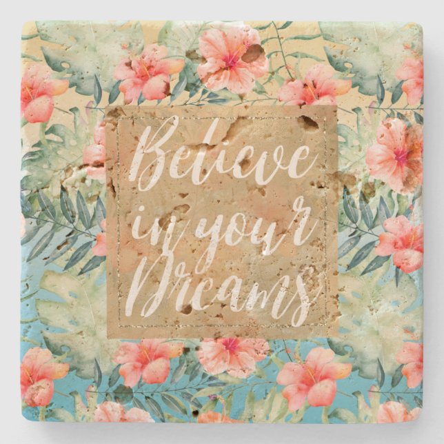 Gult Aqua Rosa Peach Hibiscus Blommigt Guld Dream Stenunderlägg (Framsidan)