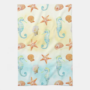 Gult Aqua Seahorse Starfish Snäckor Beach Kökshandduk