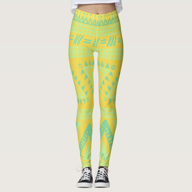 Gult Aqua Tribal Mönster Leggings (Framsida)