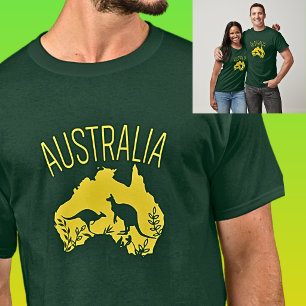 Gult Australien Karta med Kangaroos på Mörk grönt T Shirt