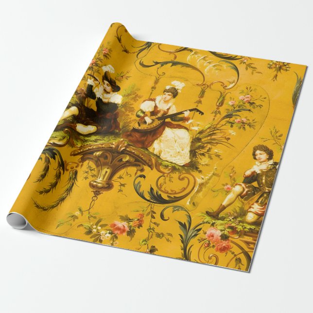 Gult av antikisk Fransk Toile Victorian Decoupage Presentpapper (Utrullad)