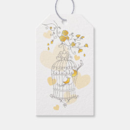 Gult av fågelburar grått bröllopsförmånlig märkre presentetikett