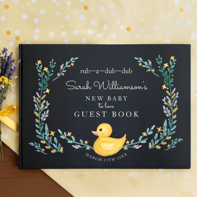 Gult av rub-A-Dub-Dub Rubber Ducky Blommigt Garden Gästböcker (Rub-A-Dub-Dub Yellow Rubber Ducky Floral Garden Guest Book)