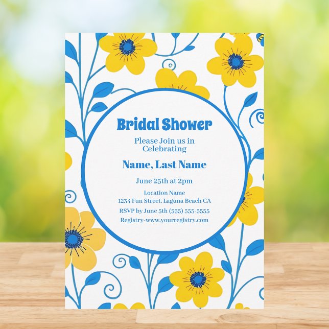 Gult av smör och blå Blommigt-Möhippa Inbjudningar (Butter Yellow and Blue Floral-Bridal Shower Invitation in White)