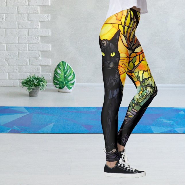 Gult av svart, kallt glas, Yoga Leggings (Black Cat Lover Stained Glass Leggings)
