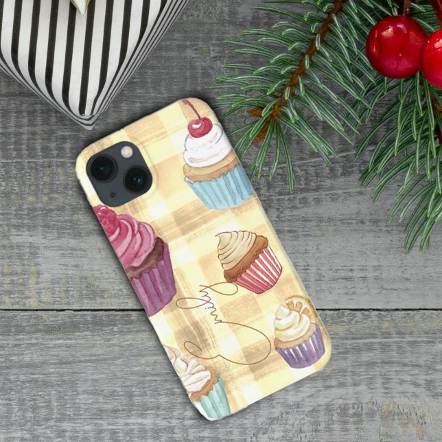 Gult av vattenfärgad cupkaka Play Monogram Baker (Watercolor Cupcake Yellow Plaid Monogram Baker's Case-Mate iPhone Case)