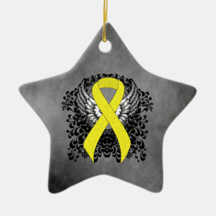 Gult Awareness Ribbon med Vingar Julgransprydnad Keramik