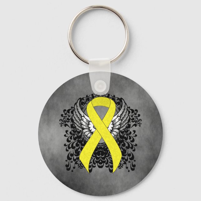 Gult Awareness Ribbon med Vingar Nyckelring (Framsida)
