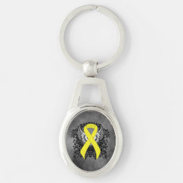 Gult Awareness Ribbon med Vingar Ovalt Silverfärgad Nyckelring