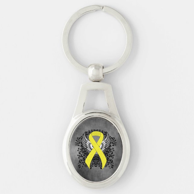Gult Awareness Ribbon med Vingar Ovalt Silverfärgad Nyckelring (Framsidan)