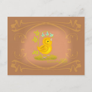Gult Baby Chick med blåklocksblommor vykort