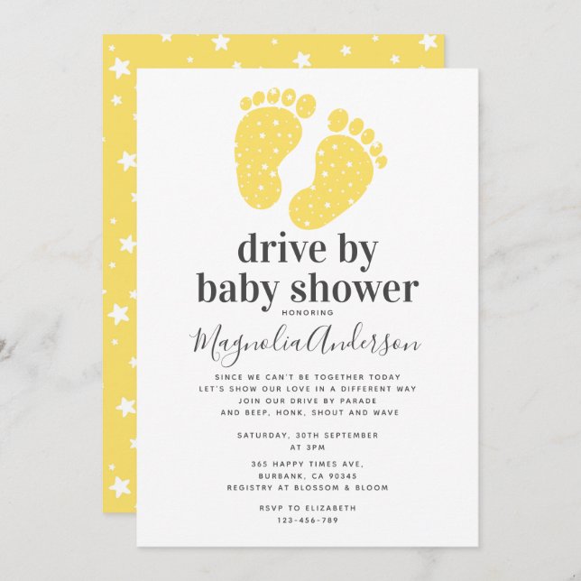 Gult Baby Feet Drive by Baby Shower Inbjudningar (Fram/baksida)