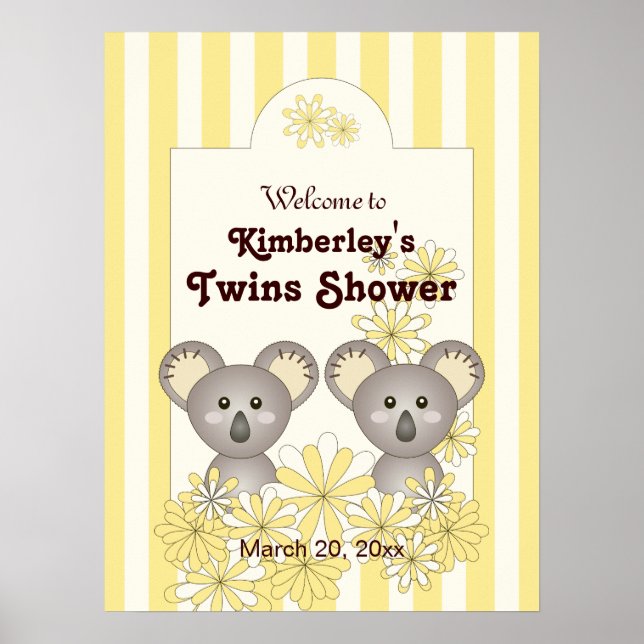 Gult, Baby, Koala Twin Kids Party Välkommen Poster (Framsidan)