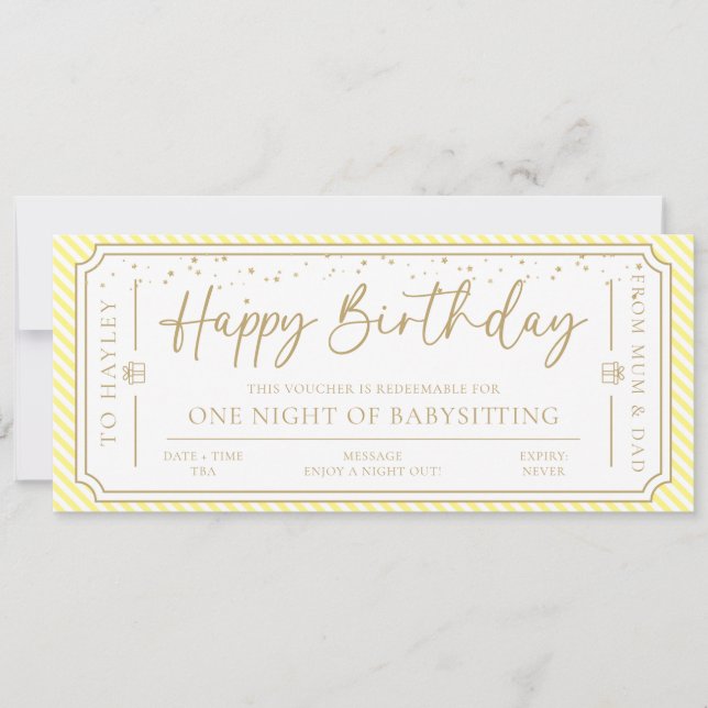 Gult Babysit Gift Voucher-kort Inbjudningar (Framsida)