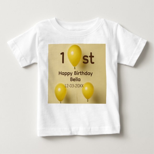 Gult ballonger 1:a födelsedag lägg till namn datum t shirt (Framsida)