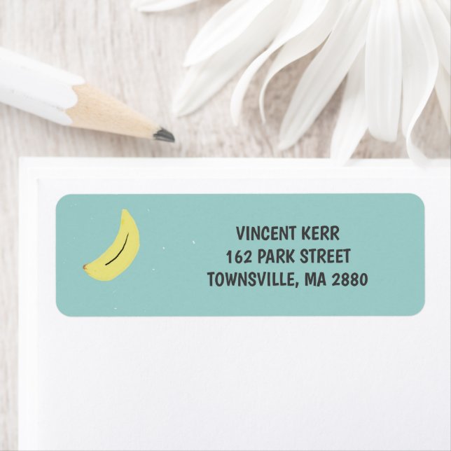 Gult banan teckning blå mönster returadress etikett (Insitu)
