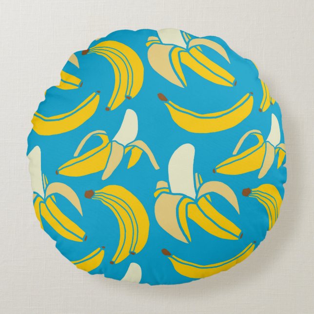 Gult bananer, blå bakgrund mönster rund kudde (Framsidan)