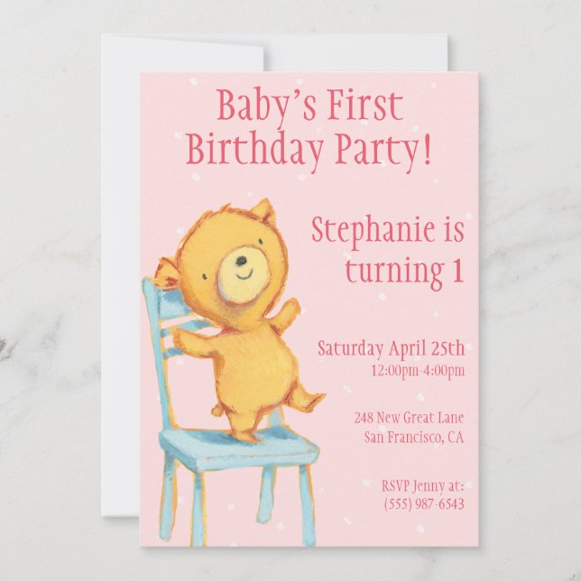 Gult Bear Birthday Inbjudningar (Framsida)