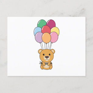 Gult Bear flyger upp med färgstarka ballonger Vykort