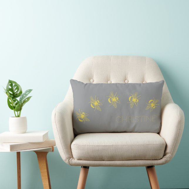 Gult Bees Grått Lumbar Pillow Lumbarkudde (Stol)