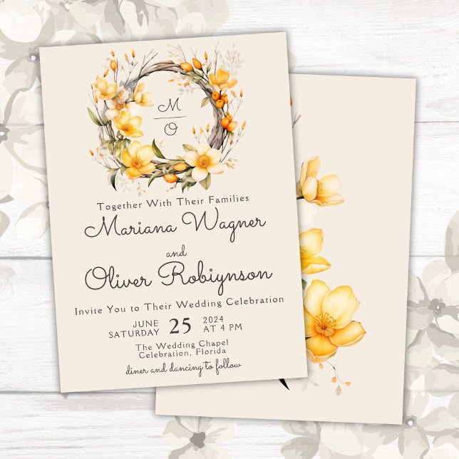 Gult Beige Romantic Blommigt bröllopsinbjudan Inbjudningar (Skapare uppladdad)