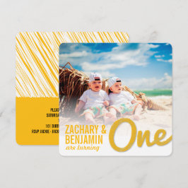 Gult Big Sketch One Twin Baby 1:a födelsedagen Par Inbjudningar