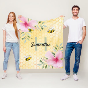 Gult bikaka är rosa blommigt namn monogram fleecefilt