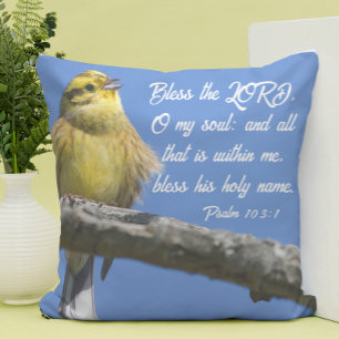 Gult Bird Bless the Lord O my Soul Scripture Kudde