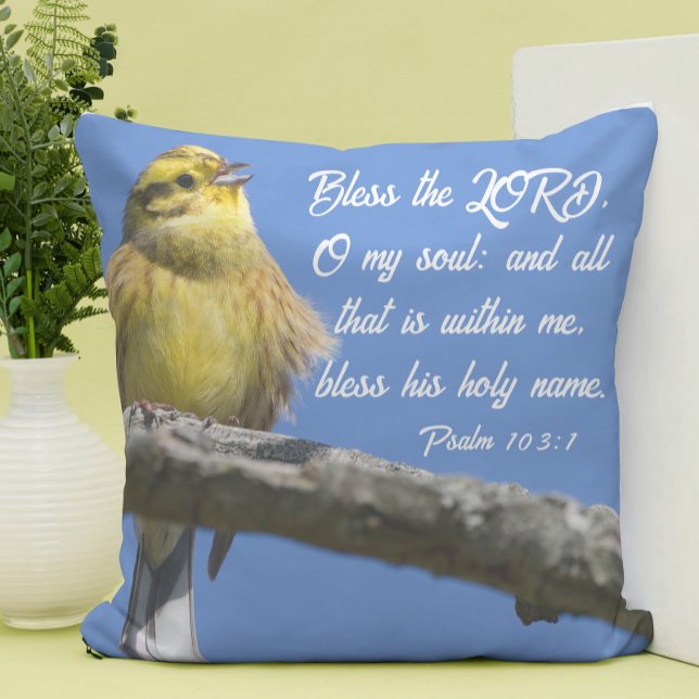 Gult Bird Bless the Lord O my Soul Scripture Kudde (Skapare uppladdad)