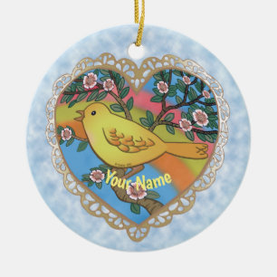 Gult Bird Heart-användarnamn Julgransprydnad Keramik