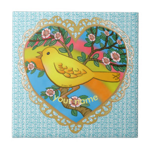 Gult Bird Heart Kakelplatta