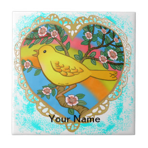 Gult Bird Heart Kakelplatta