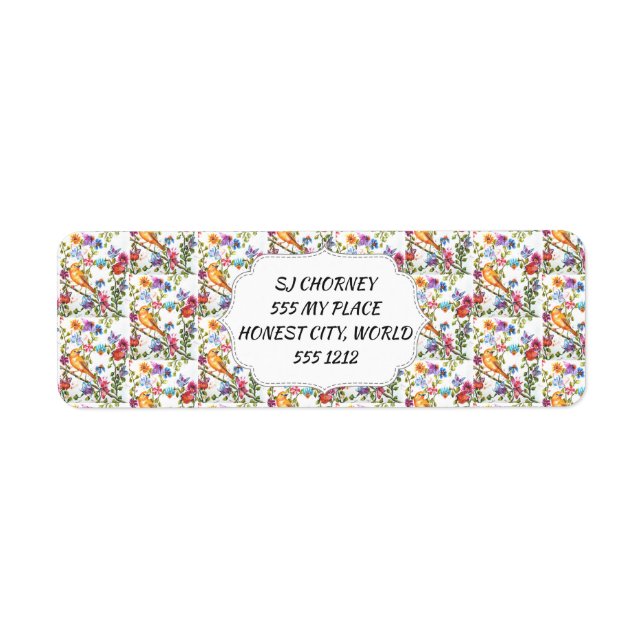 GULT BIRD WHIMSICAL-BLOMMIGT RETURADRESS ETIKETT (Framsidan)